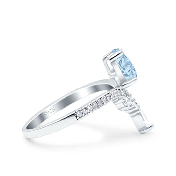 Art Deco Solitaire Accent Pear Wedding Bridal Ring Band Simulated Aquamarine CZ 925 Sterling Silver